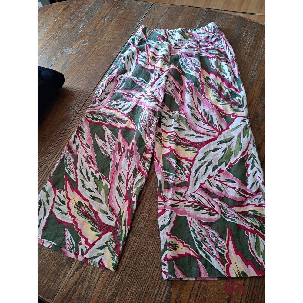 New SP Loft Beach Tropical Pink Green White Wide Leg Linen Capri Cropped Pants